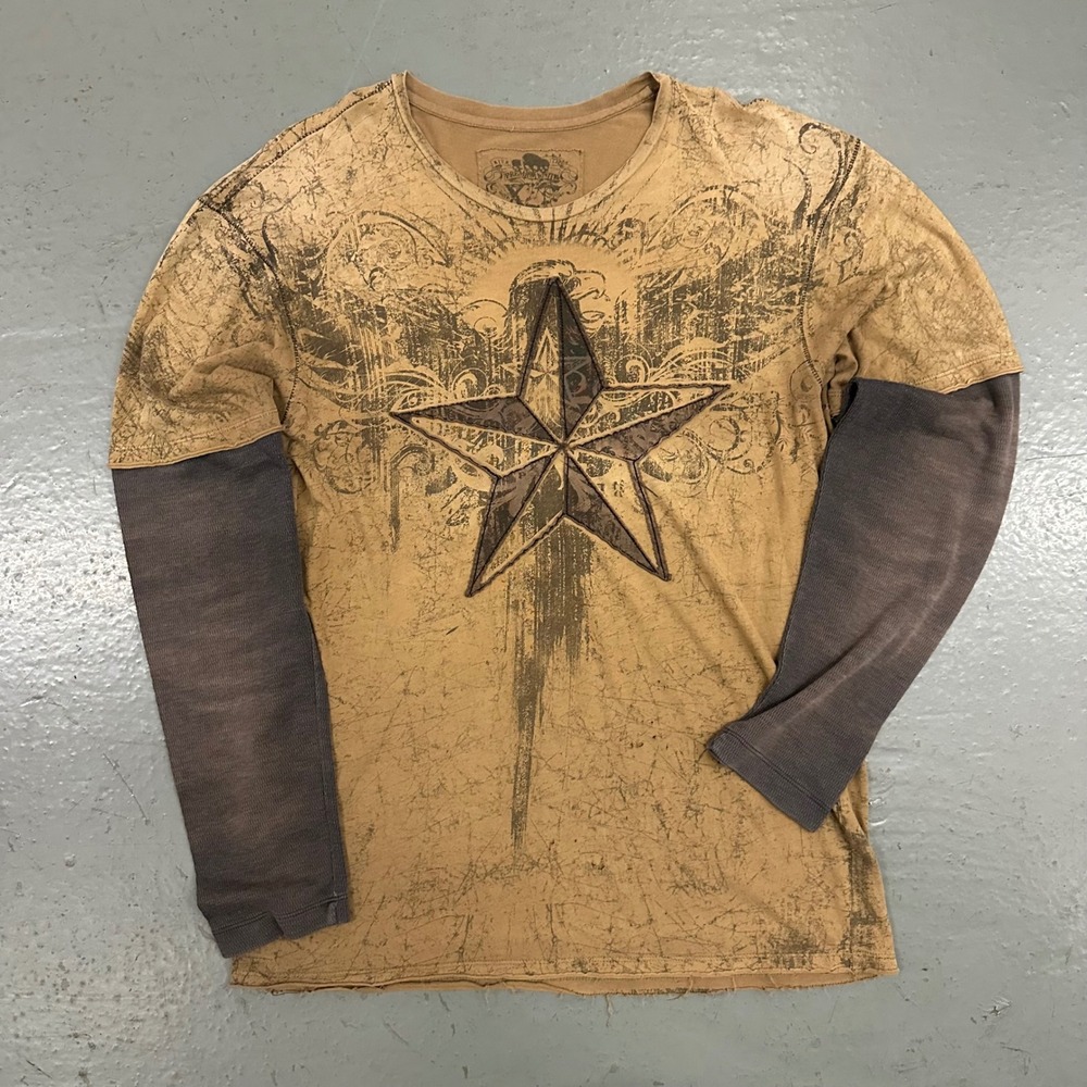 Y2K Xtreme Gear Men Long Sleeve Shirt Large Brown Graphic Distressed